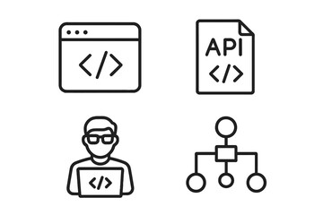 Fototapete - Web Development Line Icons Set: Coding, API, Programmer, Application Flow, Node Connection, Web Coder, Software Structure, Developer Tools, Minimal Style