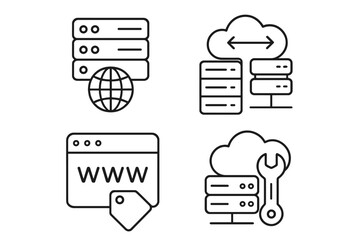Fototapete - Web Hosting and Cloud Computing Line Icons Set. Server, Data Exchange, Domain, Website, Cloud Storage, Maintenance, WWW Tag. Vector for Web, Mobile App, Technology Solutions