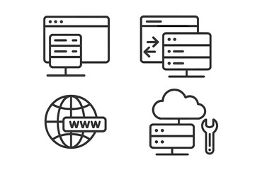 Poster - Web Hosting and Cloud Computing Icons Set. Line Style Vector Illustrations of Website Hosting, Data Exchange, Domain, Cloud Server, Maintenance, WWW Globe. Modern Web and App Design Elements