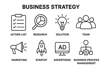 Fototapete - Business strategy line icon set for web and mobile. Icons for marketing, research, startup, solution, team, advertising, business process management, planning, action list.