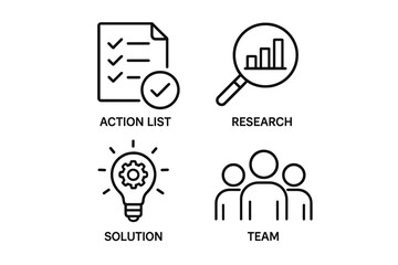 Poster - Business strategy and solutions icon set. Thin line vector icons for startup. Concepts for action plan, market research, innovation, and teamwork. Outline symbols for marketing.