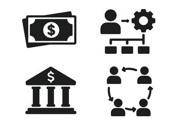 Poster - Business and finance icon set. Money and banking. Teamwork and collaboration. Management and organization. Workflow process and strategy. Corporate financial operations symbols.