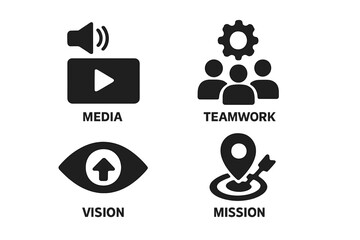 Poster - Business management icon set for web and mobile. Core values concepts. Media, teamwork, vision, mission icons. Corporate strategy, planning, marketing, goals, development.
