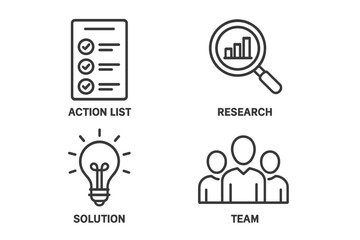 Fototapete - Business strategy and solutions icon set. Action list for planning, market research for growth, idea for innovation, teamwork for collaboration. Outline icons for startup goals.
