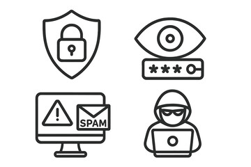 Poster - Cyber security icon set. Internet safety concepts: data protection, network defense, hacker, spam, phishing, password theft, online privacy. Thin line style vector graphic.