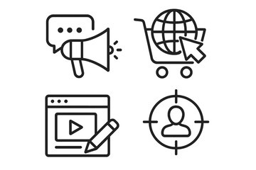 Fototapete - Digital marketing vector icons. Set of 4 web symbols in line style for website and mobile app. Includes communication, advertising, ecommerce, SEO, content, and customer targeting.