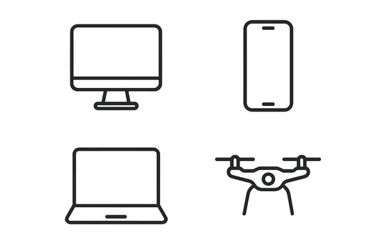 Technology icon set. Device line icons. Electronic gadgets for web and mobile. Vector illustration. Computer monitor, smartphone, laptop, drone. Digital concept. UI UX pictogram.