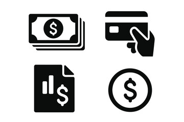 Poster - Finance icon set of 4 solid glyphs. Money, credit card payment, financial report, coin. Business and banking vector symbols for web, ui, ux, and mobile application.