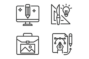 Fototapete - Set of 4 graphic design icons in thin line style. Vector symbols for digital art, creative process, portfolio, and drawing tools. UI UX web and mobile app pictograms.