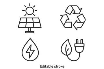 Fototapete - Green energy and ecology icon set. Thin line style symbols for web and mobile app. Solar panel, recycle, hydro power, and bio electricity concepts. Editable stroke vector.