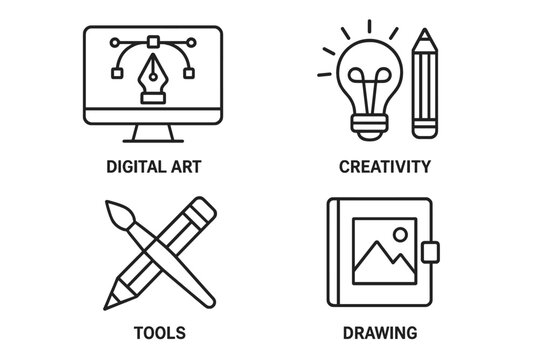 Set of graphic design line icons. Vector symbols for web and mobile app. Digital art, creativity, drawing tools, portfolio, creative process. Outline pictogram pack illustration.