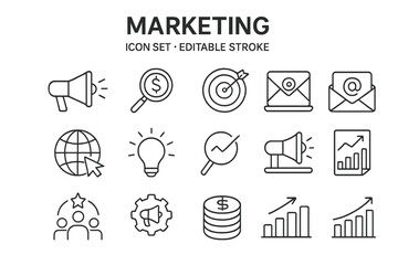Poster - Marketing Line Icon Set. Digital Marketing, Advertising, SEO, Email Campaign, Target Audience, Analytics, Growth, Strategy, Online Promotion, Editable Stroke Vector Illustration
