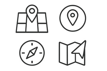 Poster - navigation and location icons set – map pin, gps marker, compass, navigator, folded map, line style,