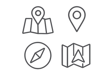 Poster - Navigation Icons Set. Map Pin, GPS Marker, Compass, Navigator Arrow, Folded Map. Line Style Vector Collection for Location, Directions, Travel, Mobile App, Web, Route, Wayfinding