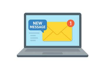 Poster - New email message notification on laptop screen, unread inbox alert, online chat communication, envelope icon, digital marketing, internet mail, email interface