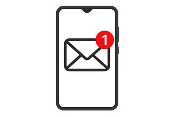 Fototapete - New email notification icon on smartphone screen. Unread message alert. Envelope symbol with red badge. Mobile phone communication, digital mail, inbox notification vector illustration