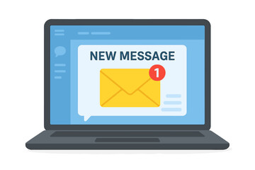 Poster - New email message notification on laptop screen. Unread inbox alert. Envelope icon with message badge. Online chat, digital communication, e-mail marketing, internet concept.