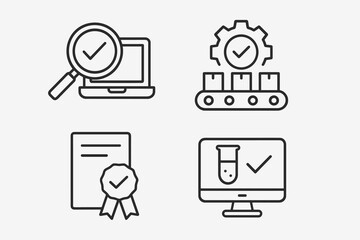 Fototapete - Quality Control Inspection and Certification Icons Set. Line Style Vector. Quality Assurance, Production Check, Evaluation, Testing, Approval, Certification, Compliance, Web and Mobile App Design