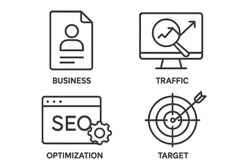 Poster - SEO Optimization Business Icons Set. Line Style Web Icons: Search Engine Optimization, Business Profile, Website Traffic, Target, Digital Marketing, Analytics, Strategy, Web Development
