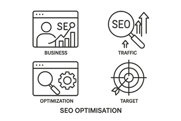 Fototapete - SEO Optimization Line Icons Set – Business Growth, Website Traffic, Search Engine Optimization, Target Marketing, Digital Strategy Symbols