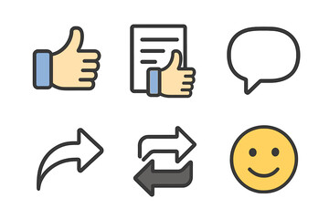 Poster - Social Media Rating and Engagement Icons Set: Thumbs Up, Post, Comment, Share, Repost, Heart, and Smile Emojis. Flat Design for Digital Communication & Network.