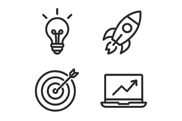 Poster - Startup Business Icons Set – Creative Idea, Rocket Launch, Target Achievement, Growth Analytics, Innovation, Marketing, Entrepreneurship, Web and Mobile App Line Style Vector