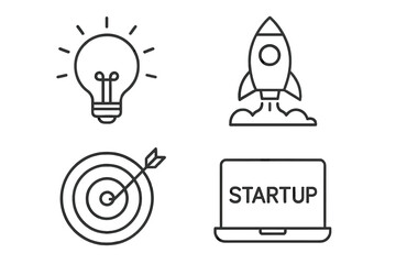 Poster - Startup Launch Icons Set – Light Bulb Idea, Rocket Launch, Target Success, Laptop Startup Concept, Innovation, Business Development, Marketing, Web, Mobile App