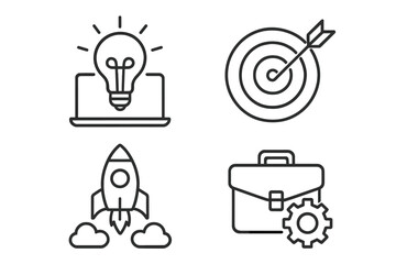 Poster - Startup Icons Set: Creative Idea, Target Goal, Rocket Launch, Business Development, Innovation, Marketing, Entrepreneurship, Line Style, Web and Mobile App Design