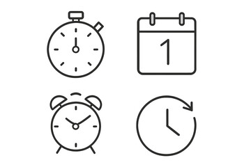 Fototapete - Minimalist Time Management Icons Set. Stopwatch, Calendar, Alarm Clock, Countdown Timer. Line Style Vector Symbols for Schedule, Deadline, Reminder, Date, Time, Event Planning, Web, App Design