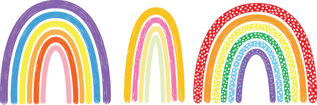 Linocut, lino ink rainbow arch hand printed vector set. Textured grungy scuffed grainy uneven colorful stripes, LGBTQ Gay pride illustration, text background,
