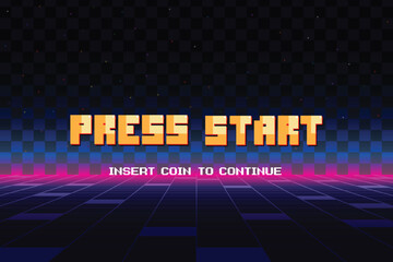 Aufkleber - PRESS START. pixel art. 8 bit game. retro game. for game assets .Retro Futurism Sci-Fi Background. glowing neon grid. and stars from vintage arcade computer games