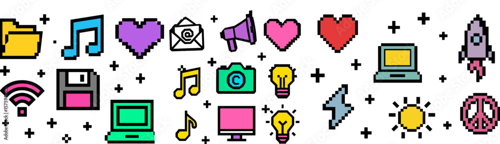 Vetor Colorful 8-bit style icons for technology, communication, love ...