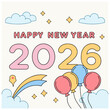 © Design-Store-2025 - Happy New Year 2026 celebration card with colorful balloons and confetti