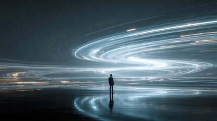Poster - Man contemplating abstract light trails