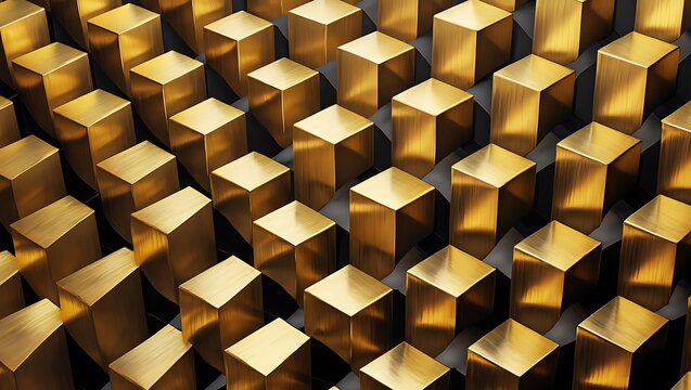 Abstract golden cube pattern with subtle reflections, Shiny gold cubes arranged in a geometric formation with dark background