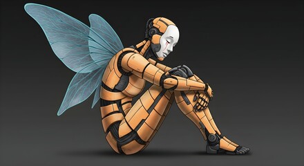  - Woman robot with bee wings sitting and crying with a red tear. AI concept for future humanoid evolution and technology.