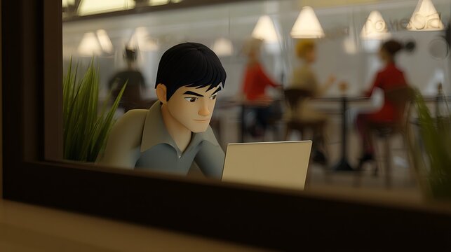 Person seated at a laptop inside a cafe.