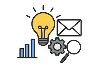 Poster - Business marketing strategy icon set. Data analysis, idea generation, SEO optimization, and communication concept. Vector illustration for web, startup, project management.