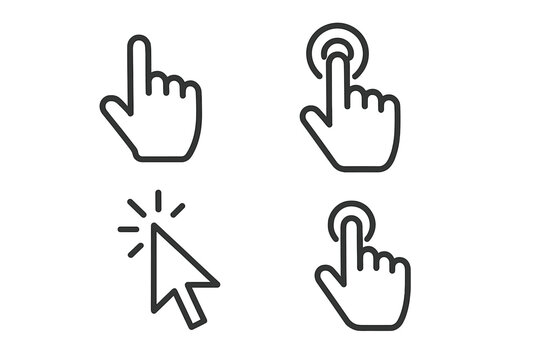 Hand click vector icons set. Website computer interface button for web design. Vector symbols collection of pointer, cursor, clicking finger, press and tap gesture icons.