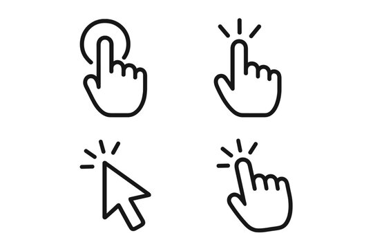 Hand cursor and arrow pointer clicking vector icon set. Finger tap symbol for computer interface, website button, or app. Touch screen gesture for UI UX graphic design.