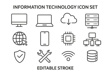 Fototapete - Information Technology Icon Set. Computer, Laptop, Cloud, Server, Globe, Smartphone, Microchip, Network, Security, Tools, WiFi, Database. Editable Stroke Vector Illustration