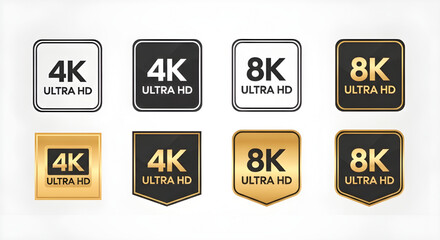 Poster - 4K and 8K Ultra HD Icons Set - Black, White and Gold Vector Symbols for High Resolution Technology, Streaming Services, and Media Production