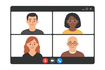 Poster - Video conference call interface mockup. Online meeting workspace vector. Virtual communication app screen template. Remote teamwork, business chat, digital collaboration concept