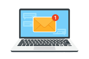 Fototapete - Laptop screen with new email message notification. Unread envelope icon. Online chat alert. Email inbox, digital communication, internet marketing, e-message, web mail concept