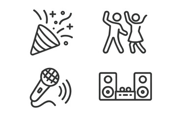 Aufkleber - Party celebration line icons set. Dancing people, confetti popper, microphone, DJ music system. Karaoke, anniversary, festive event, web and mobile app vector illustration