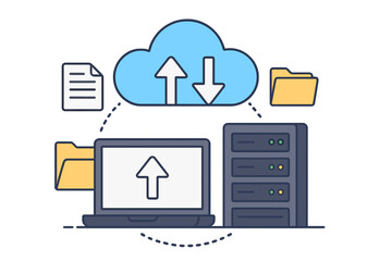 Aufkleber - Cloud computing web hosting concept. Digital data storage service with server. Database for documents and files. Upload and download from computer. Online backup technology.