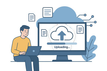 Aufkleber - Cloud computing technology. Man with laptop during file uploading process to online server for data storage and backup. Information processing. Network hosting service concept.