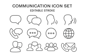 Poster - Communication icon set with editable stroke. Contact us, support, chat, message and talk thin line icons. Speech bubble, dialogue, feedback and global network vector symbol.