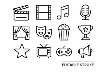 Fototapete - Entertainment icon set with editable stroke. Movie and cinema symbols. Music, theater, gaming, awards and television concept. Linear pictogram collection for web and mobile.