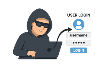 Fototapete - Hacker with laptop stealing user login and password. Cybercrime concept. Phishing scam and internet fraud. Cybersecurity vulnerability and data protection threat. Hacking.